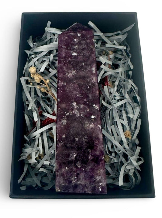 Spiritual Reiki Crystal Healing Lepidolite Crystal Tower Gift Box, Mental Health Gift, Reiki Crystal For Anxiety, Wellbeing Gift
