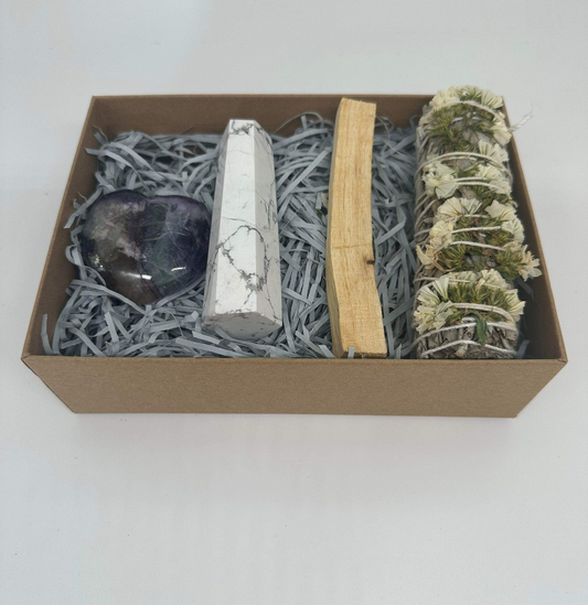 Focus Crystal Box Of Howlite Crystal + Fluorite Crystals With Energy Healing + Sage + Palo Santos ~ Spiritual Gift Box,Concentration Crystal