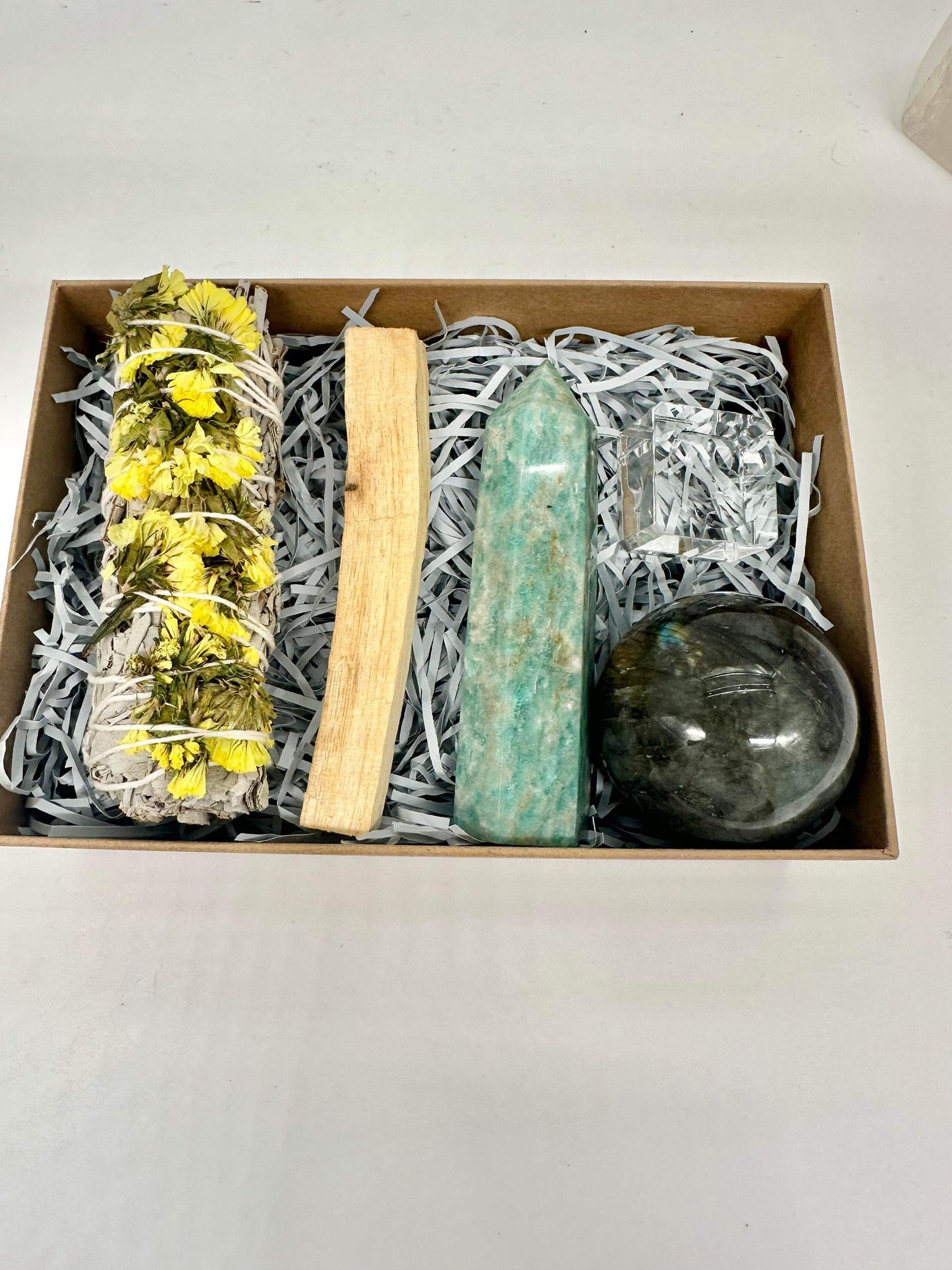 Meditation Crystal Set With Sage Luck Crystal Healing Gems Gift Box, Self Care Gift, Anniversary Gift ~ Labradorite + Amazonite + Labradorite Sphere