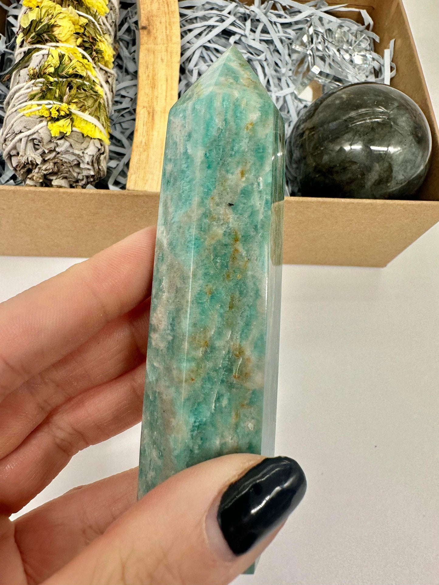 Meditation Crystal Set With Sage Luck Crystal Healing Gems Gift Box, Self Care Gift, Anniversary Gift ~ Labradorite + Amazonite + Labradorite Sphere